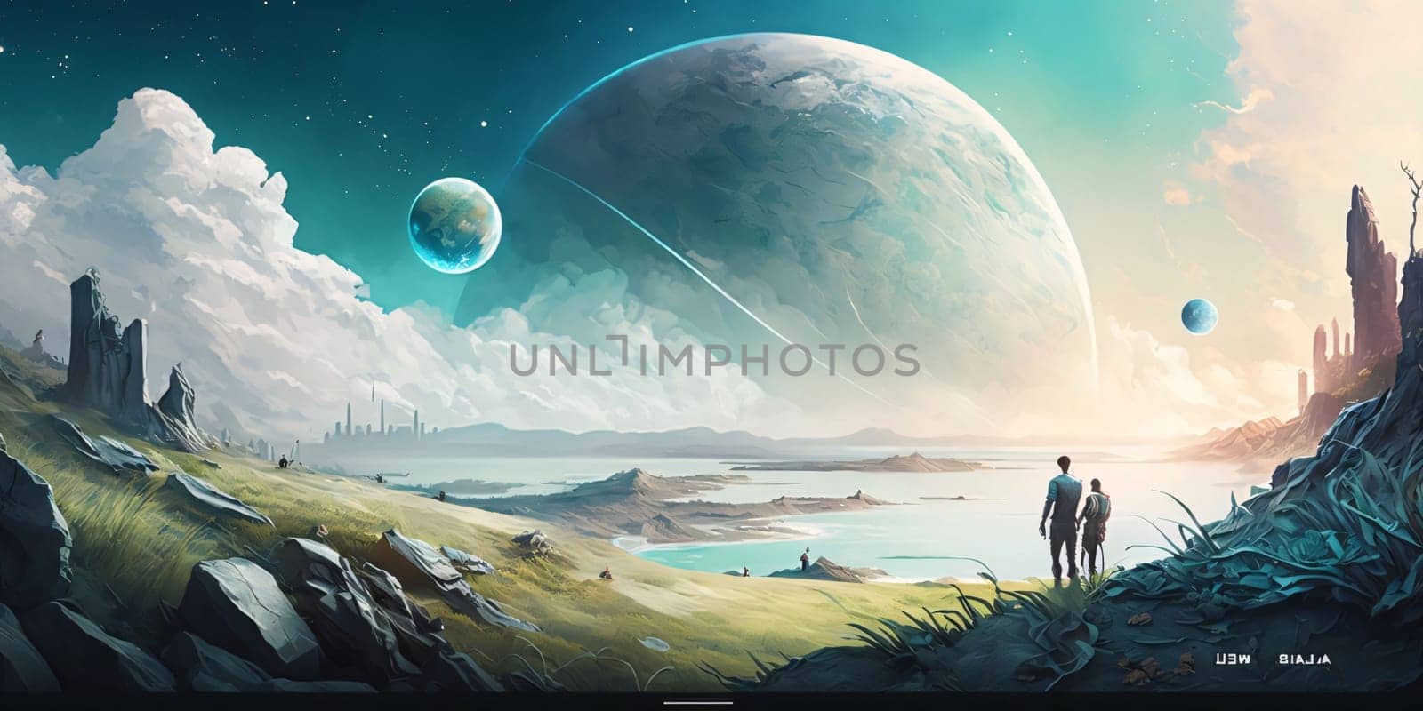 Fantasy landscape with planet, man and woman. 3d rendering by ThemesS