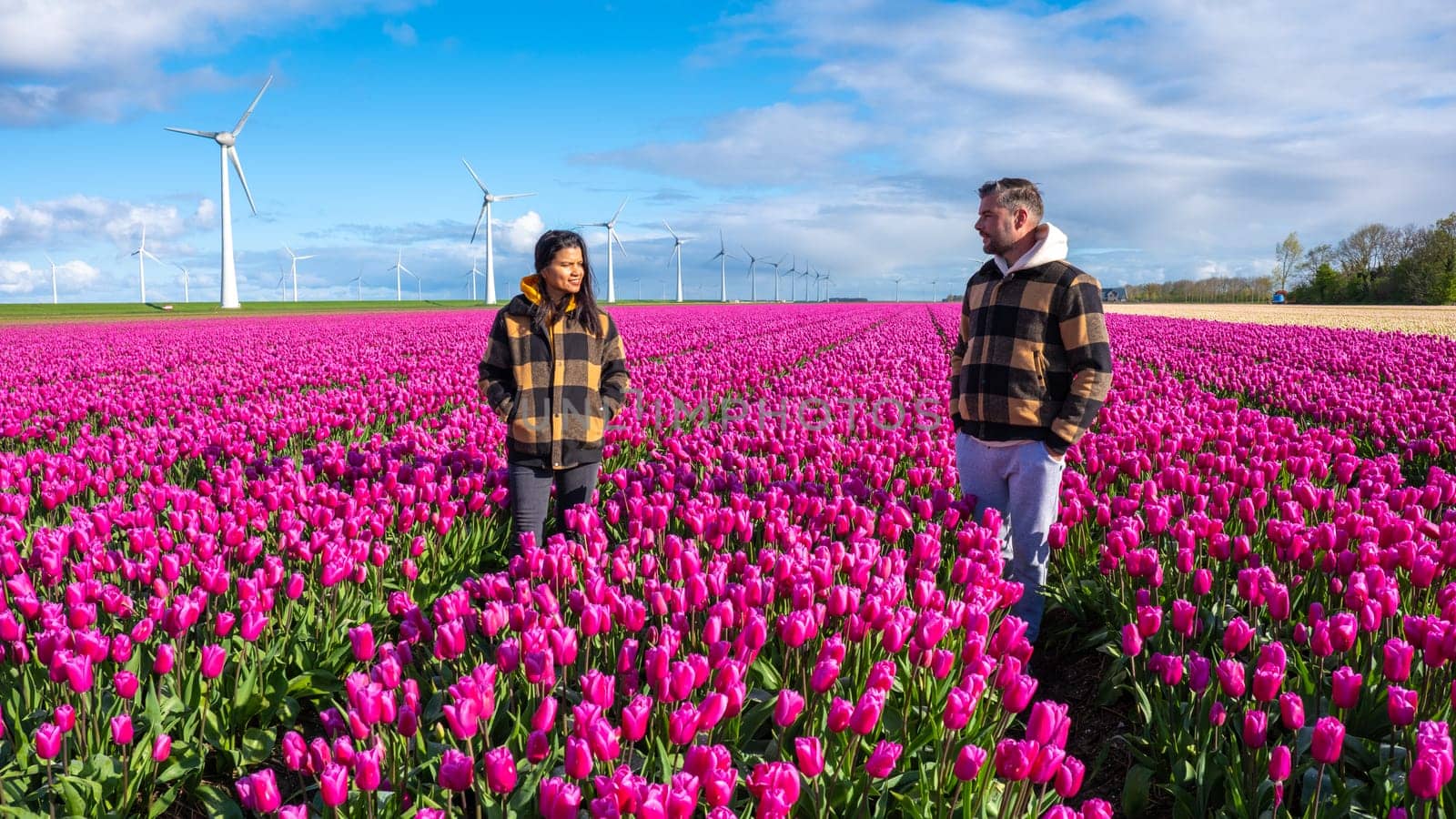 Two people stand amidst a vibrant sea of wildflowers in a Dutch field, embraced by the beauty of nature in full bloom by fokkebok