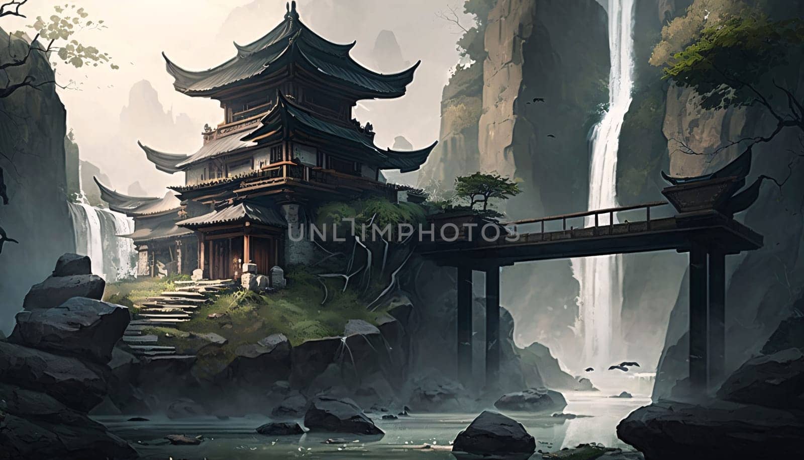 Banner: Fantasy landscape with ancient pagoda and waterfall. Digital painting.