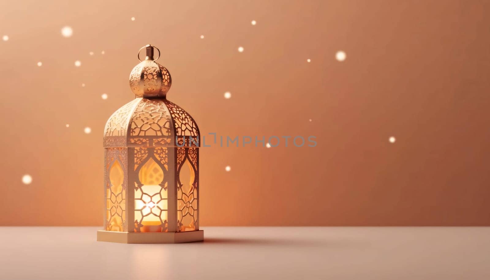 Banner: Lantern on the table. Ramadan Kareem background. 3D rendering
