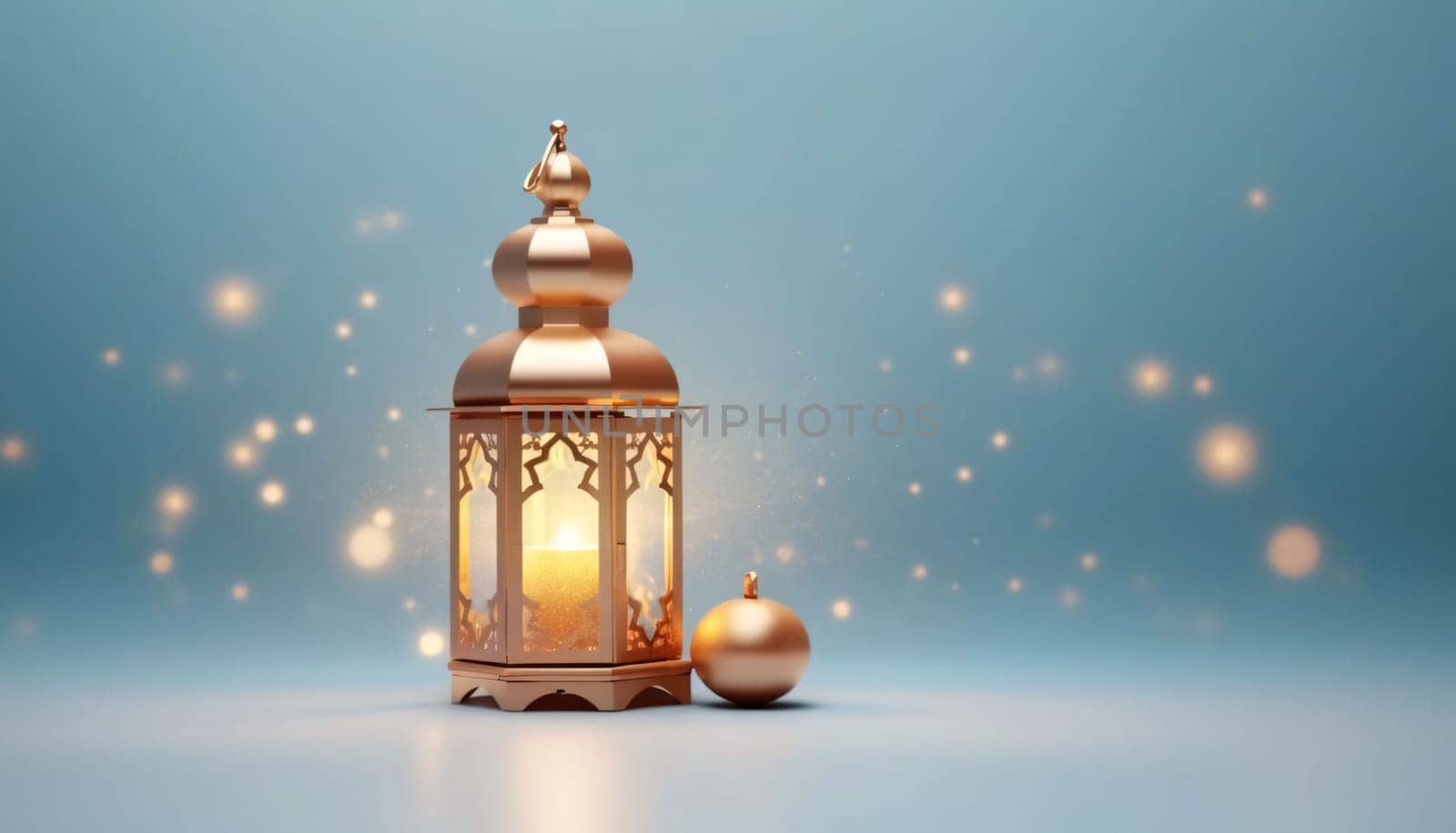Banner: Ramadan Kareem background. Ramadan lantern on blue background. 3d rendering
