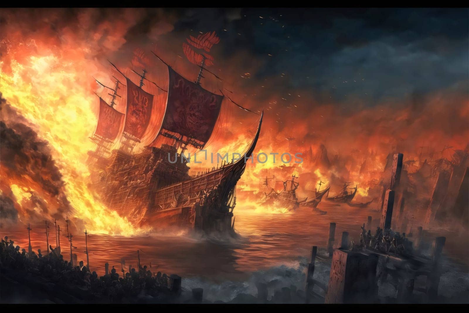 Banner: Sailing ship in the fire - 3D rendered Illustration.