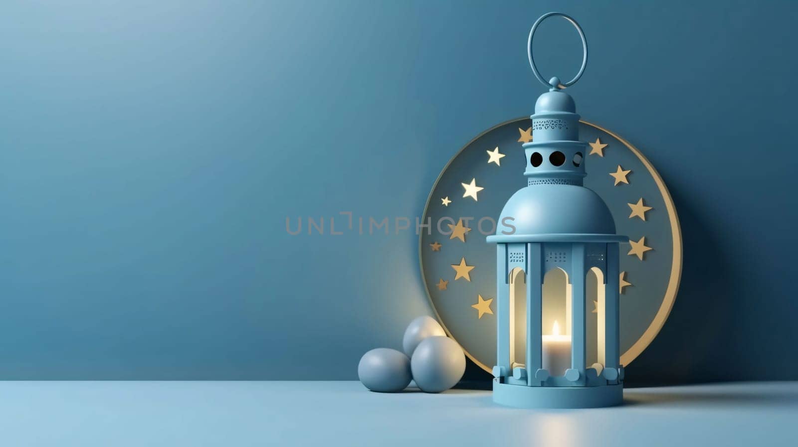 Banner: 3d rendering of Ramadan Kareem lantern in the blue room.