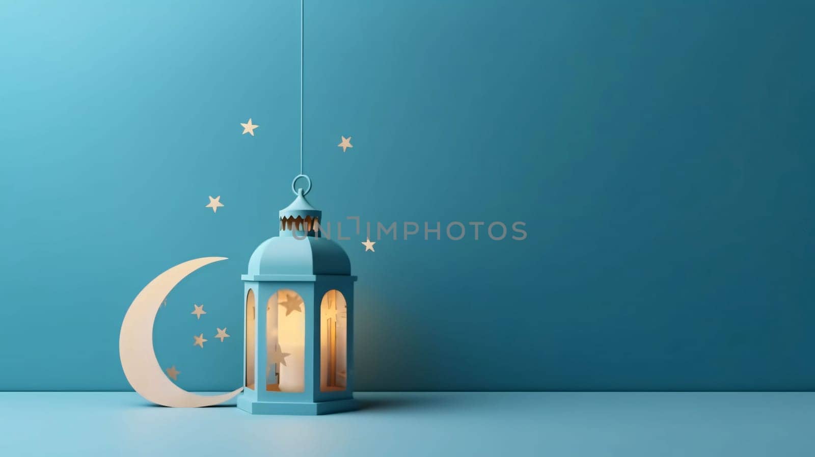 Banner: Ramadan Kareem background with blue lantern and crescent moon. 3d rendering