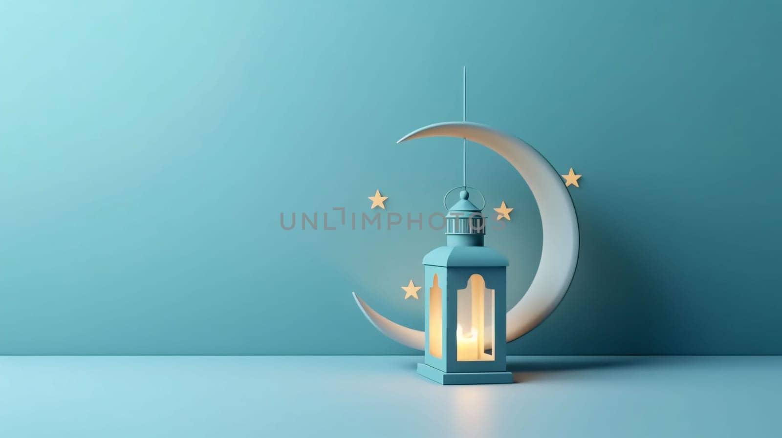 Banner: 3d rendering of Ramadan Kareem lantern and crescent moon over blue background