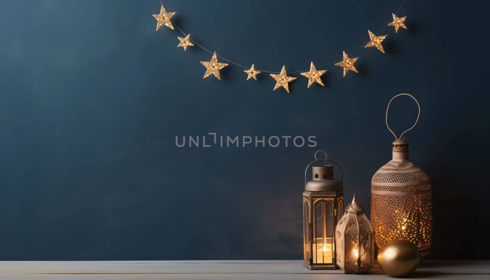 Banner: Ramadan Kareem greeting card. Festive lanterns with golden stars on blue background.