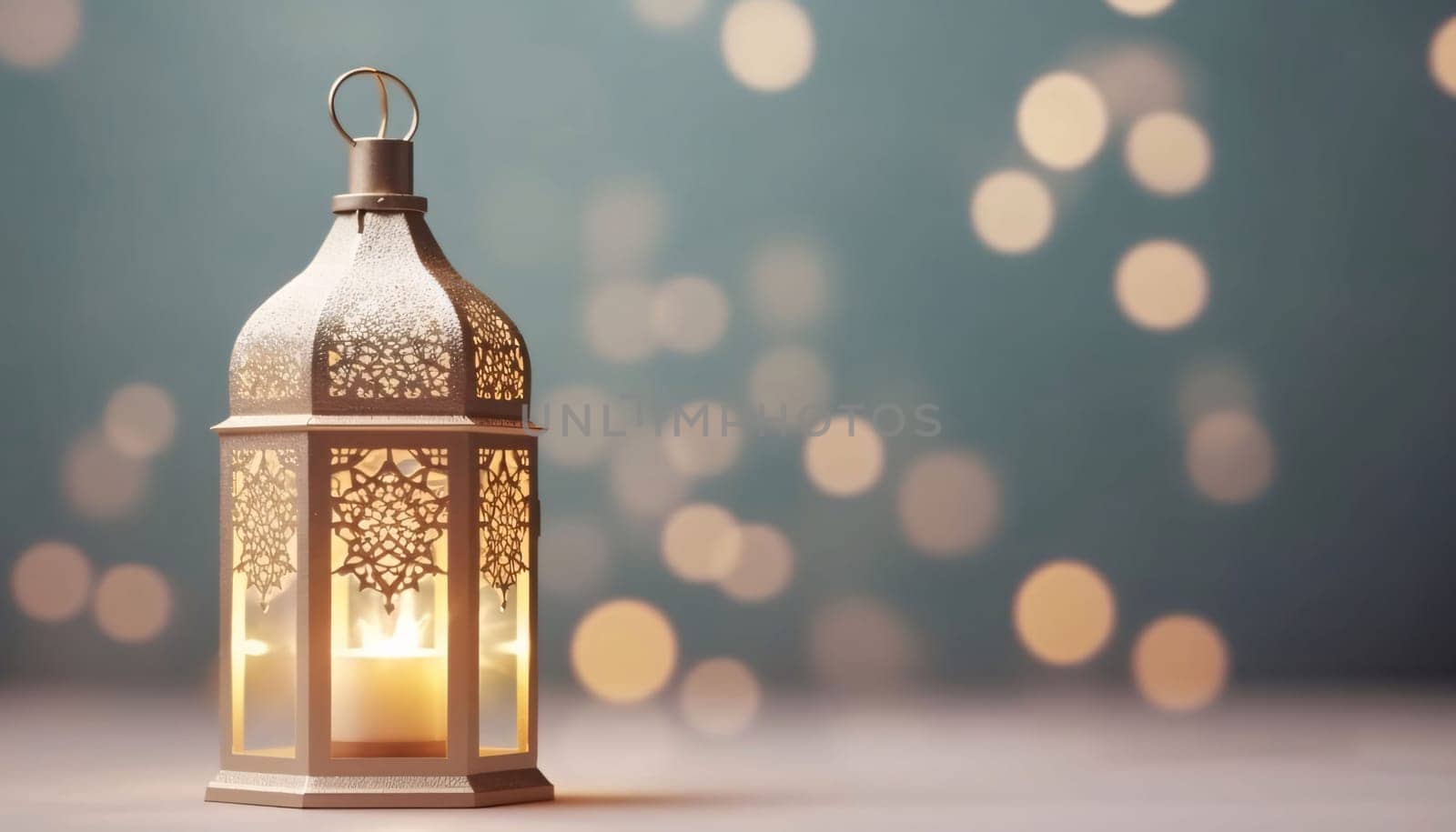 Banner: Lantern on wooden table with bokeh background. Ramadan Kareem concept.