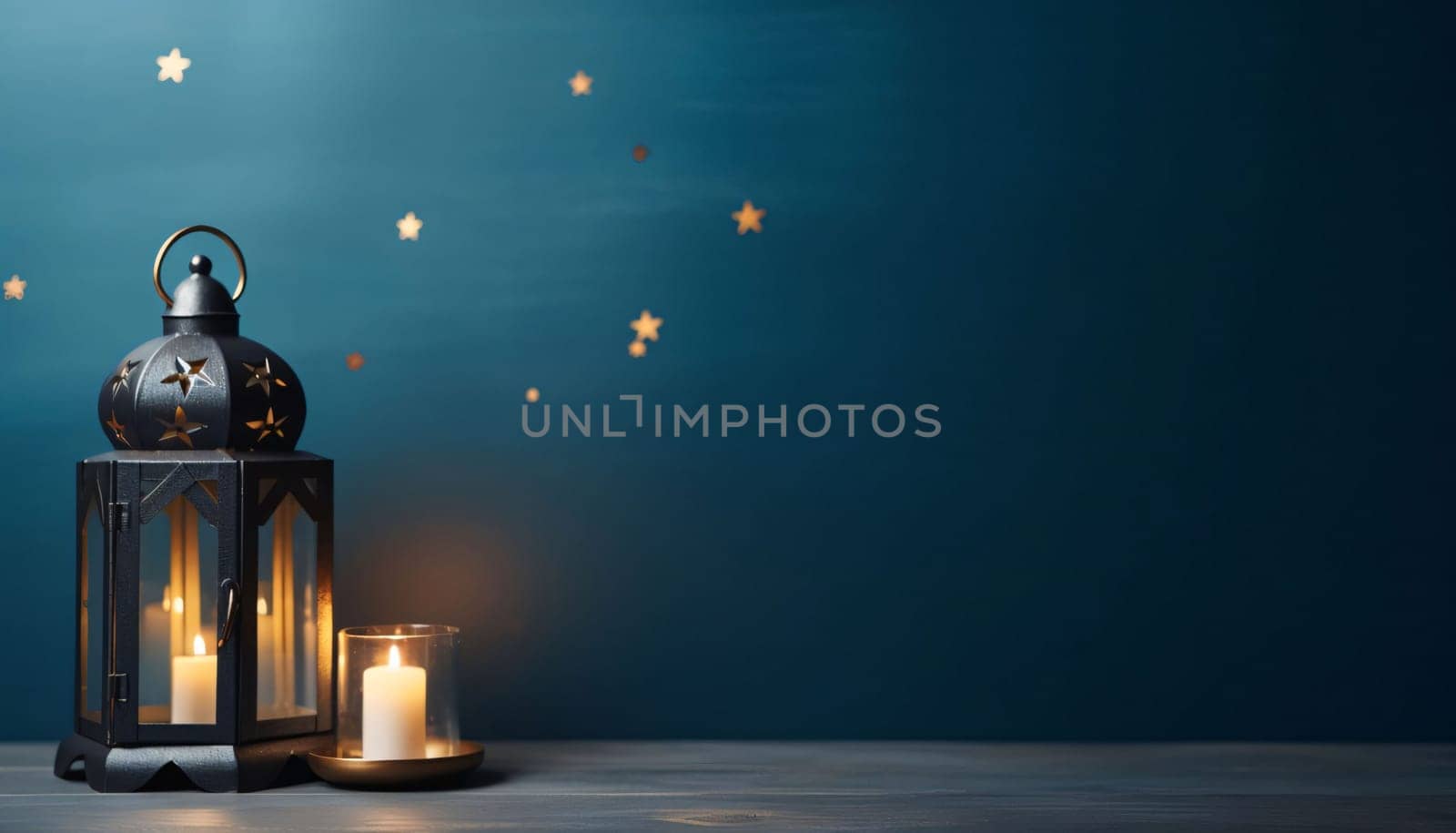 Banner: Lantern with burning candles on wooden table against dark blue background