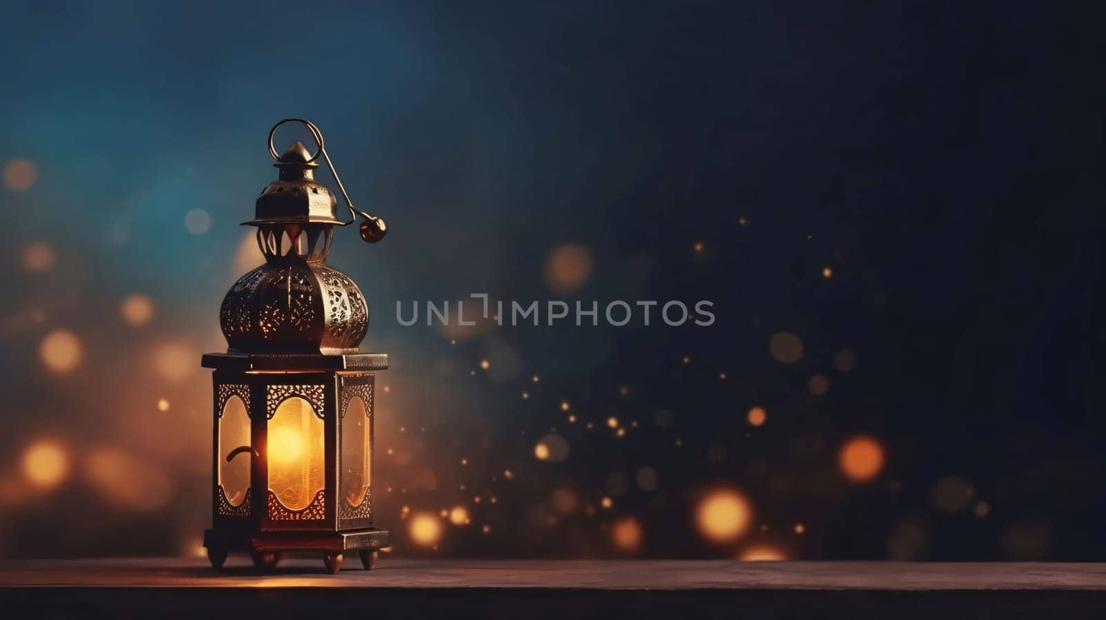 Banner: Lantern on wooden table with bokeh background. Ramadan Kareem background