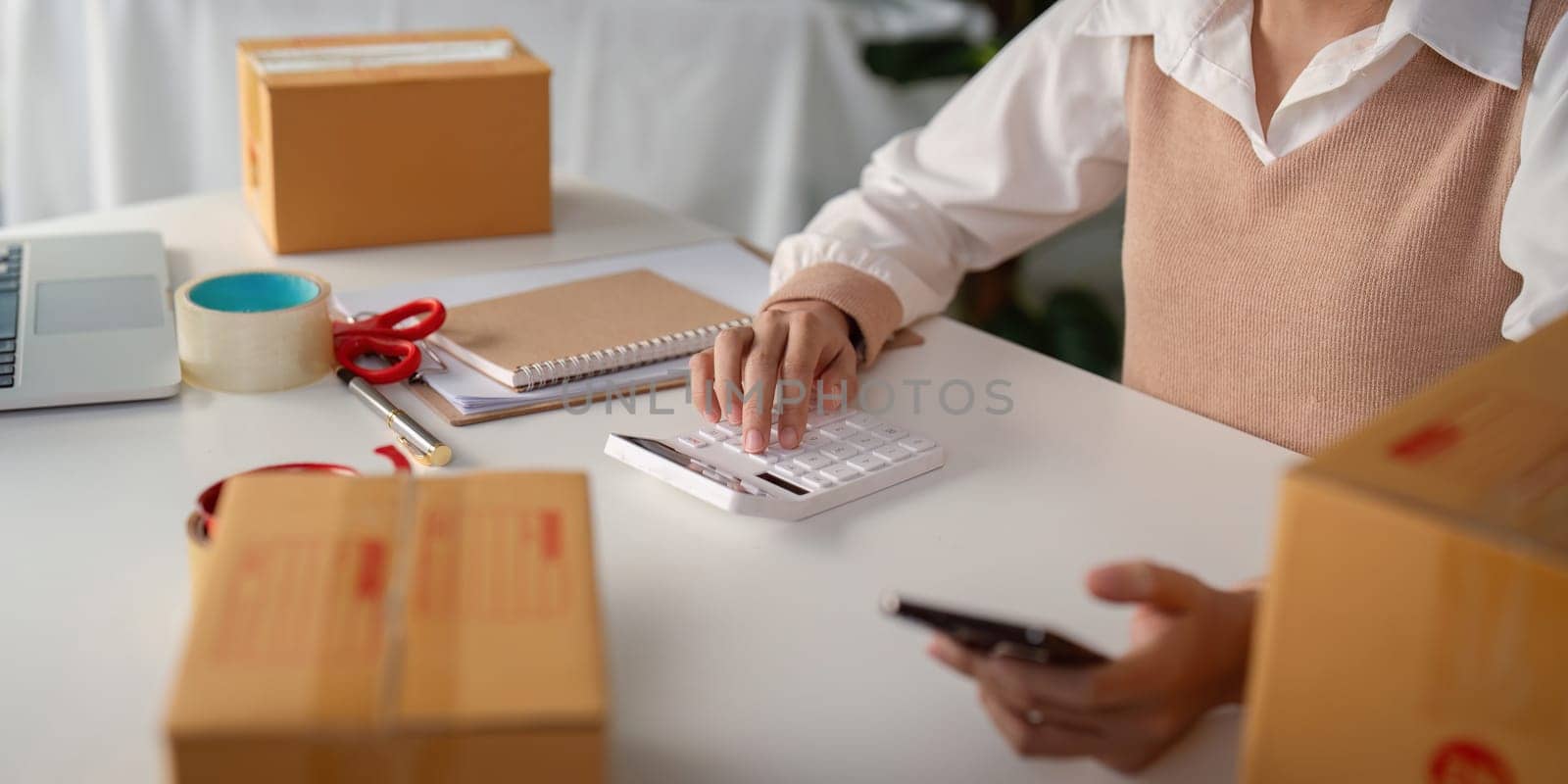 Woman entrepreneur prepare parcel box and check online order on phone for commercial checking delivery. online marketing, packing box, SME seller. startup business concept by nateemee