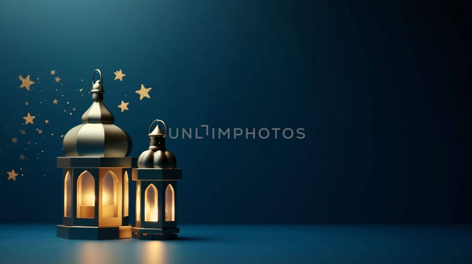 Banner: Ramadan Kareem background with lanterns and stars. 3D rendering