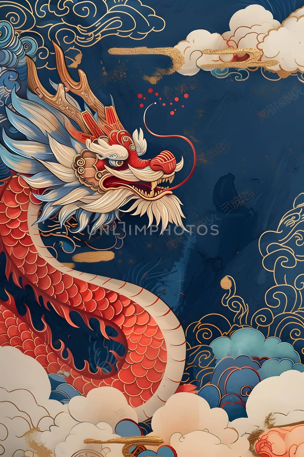 A red and white dragon is painted on an electric blue background by Nadtochiy