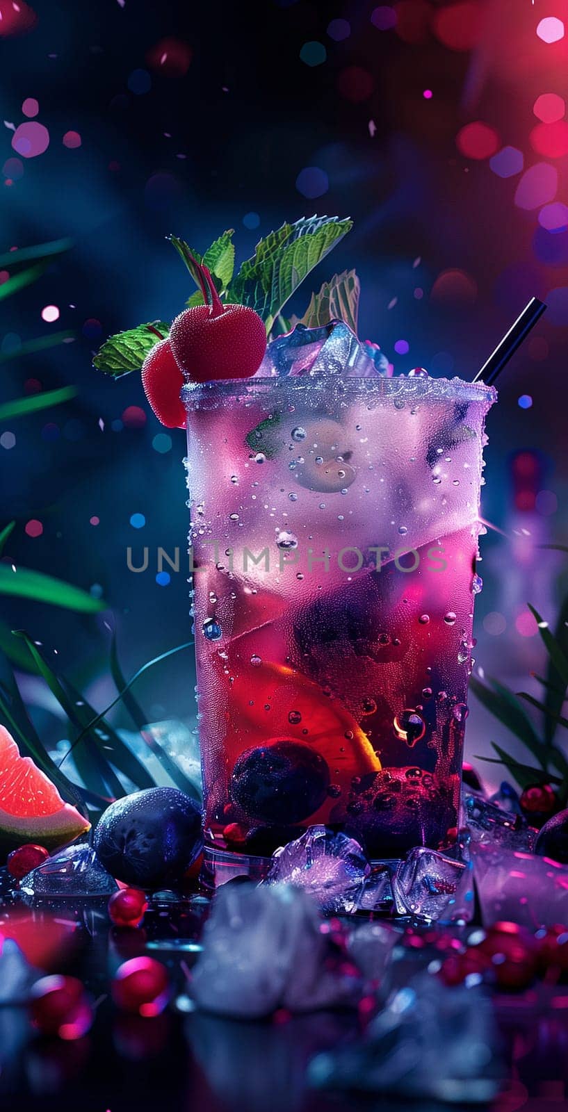 A summer cocktail at the bar. Professional photo of a fruity alcoholic cocktail. Menu cover. High quality illustration