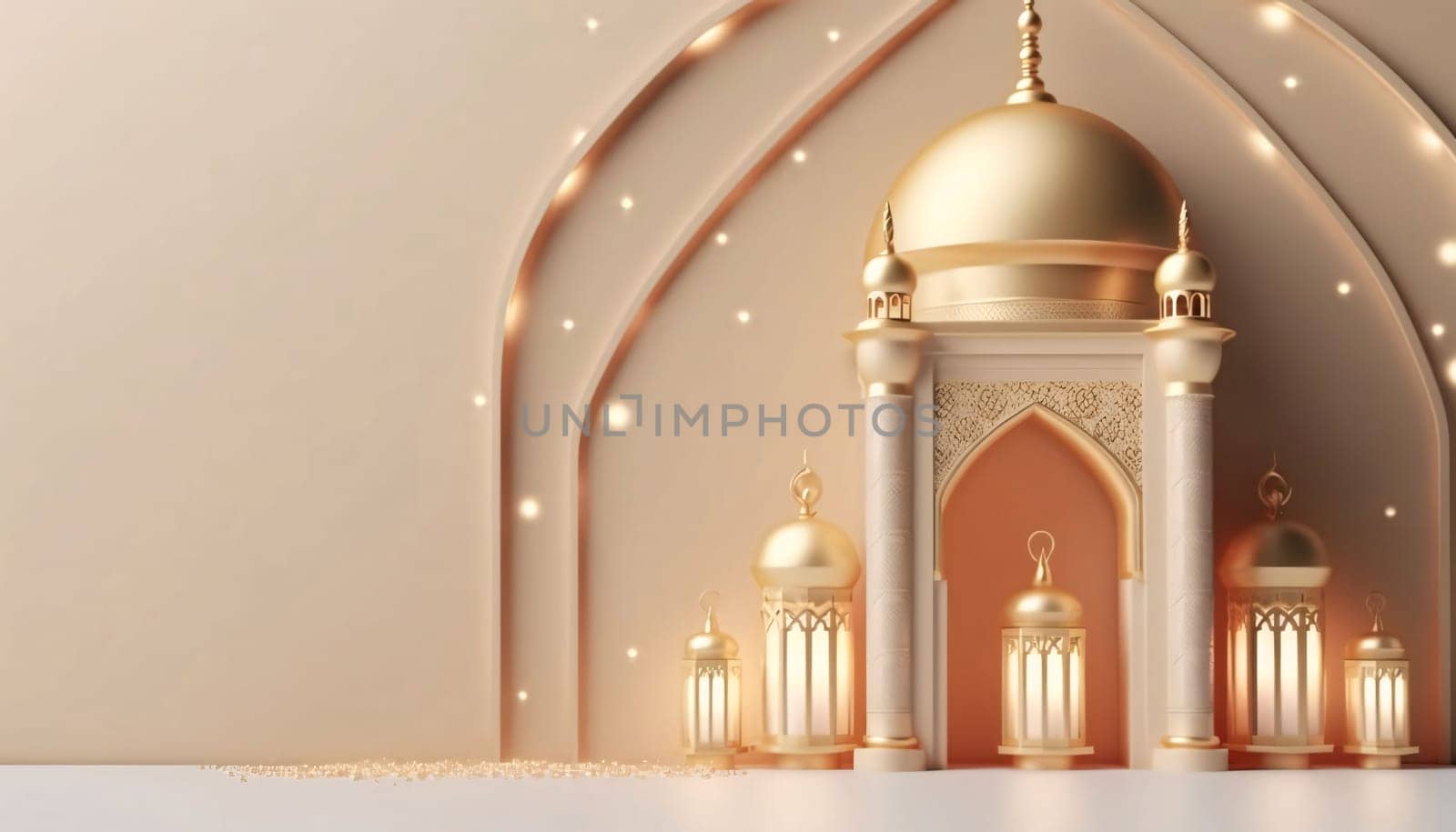 Banner: 3d rendering of Ramadan Kareem background with golden mosque dome and lanterns
