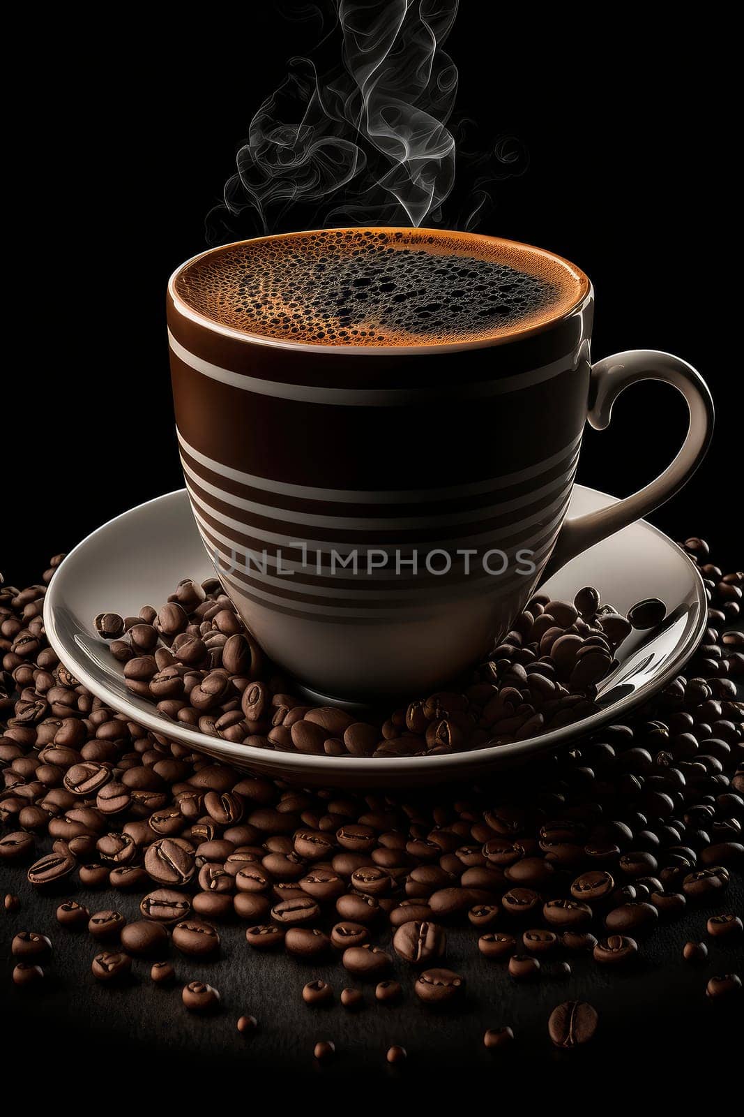coffee cup next to the image of coffee beans. Generative AI,