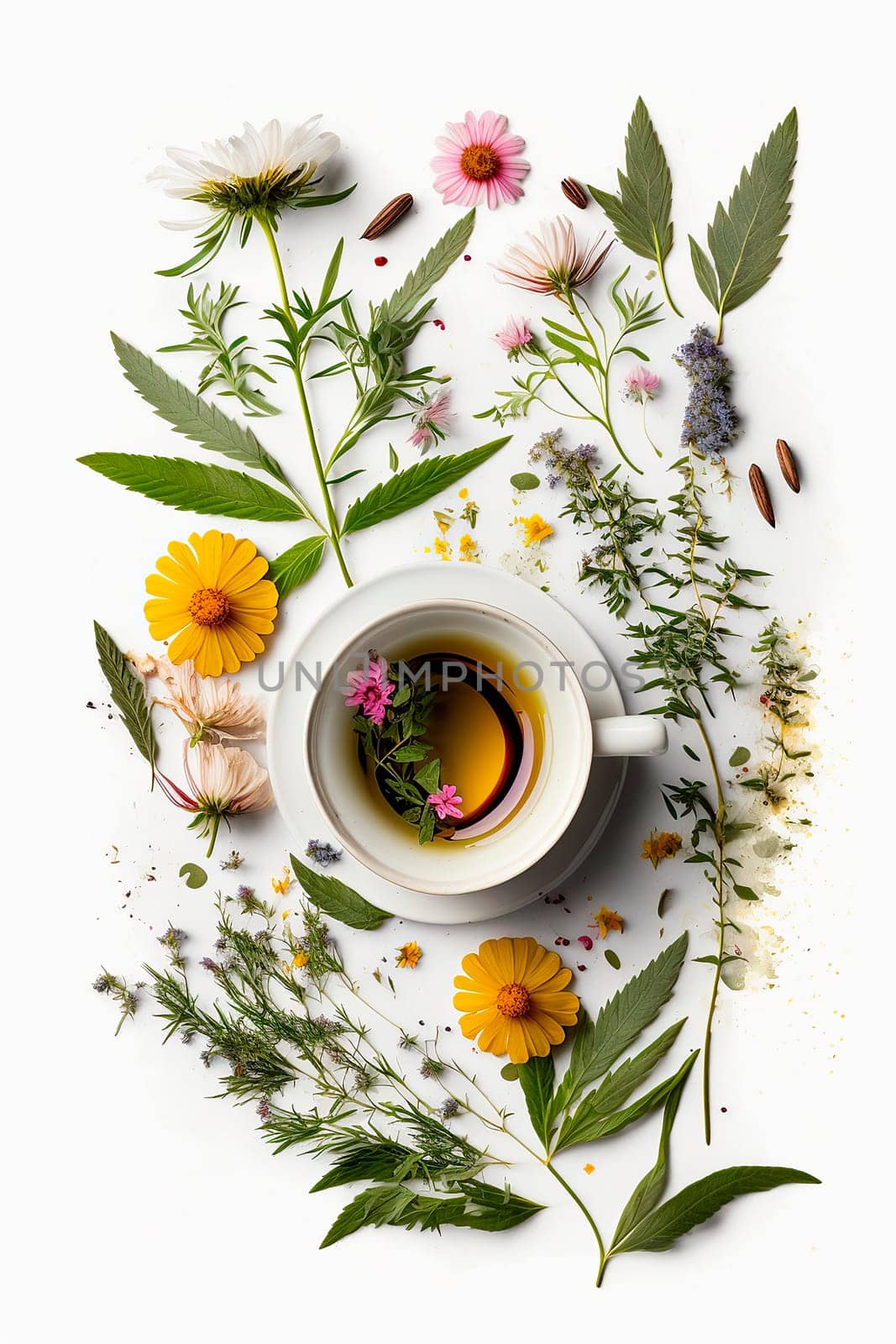 Tea with herbs and flowers in a cup top view. by yanadjana