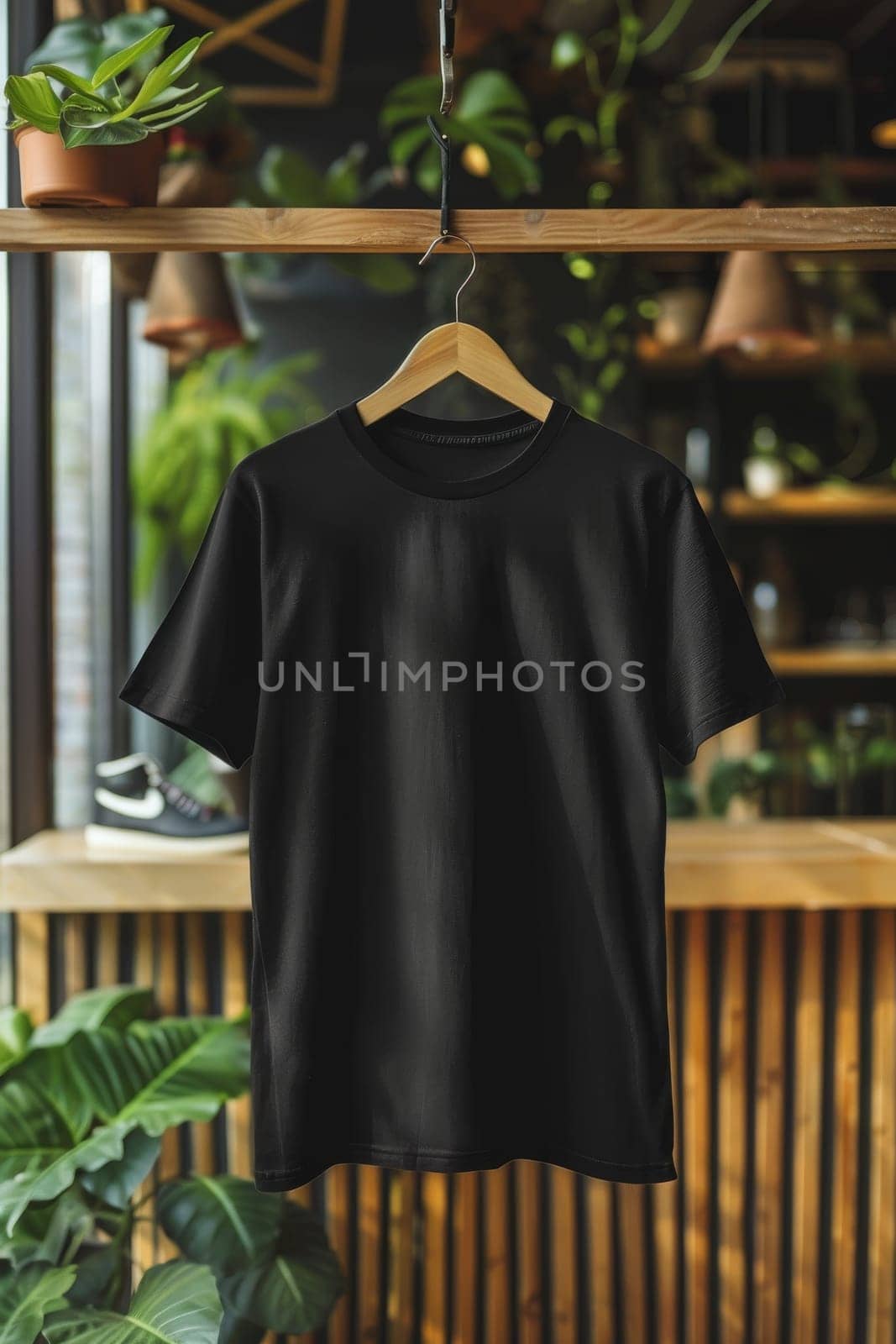 A black shirt hanging on a hanger in front of a wooden counter by itchaznong