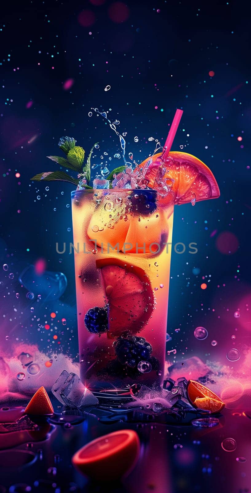 A summer cocktail at the bar. Professional photo of a fruity alcoholic cocktail. Menu cover by NeuroSky