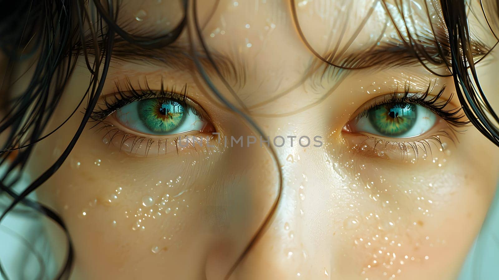 a close up of a woman s green eyes and freckles . High quality