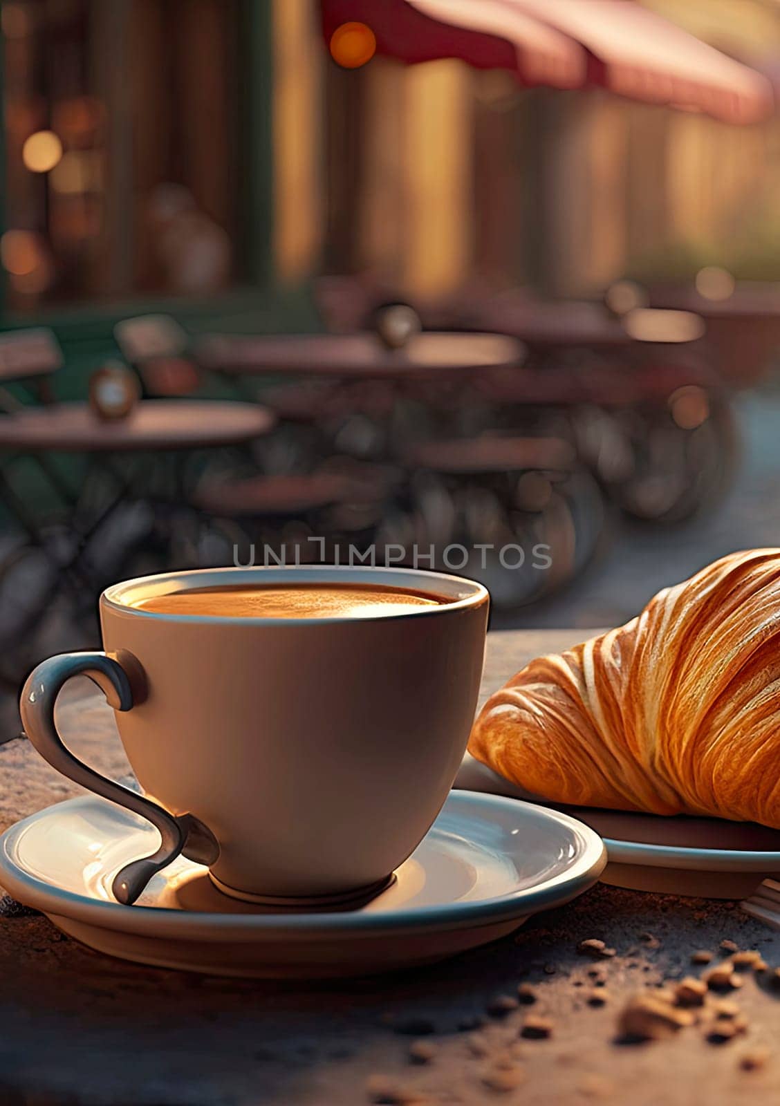 A cup of coffee and a croissant in a street cafe. Generative AI,