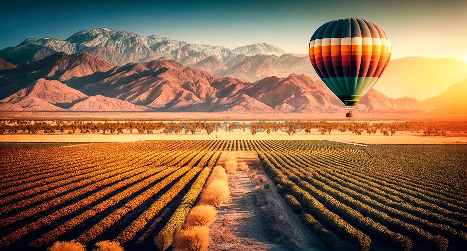 The hot air balloon flies in the sky over the fields and mountains. by yanadjana