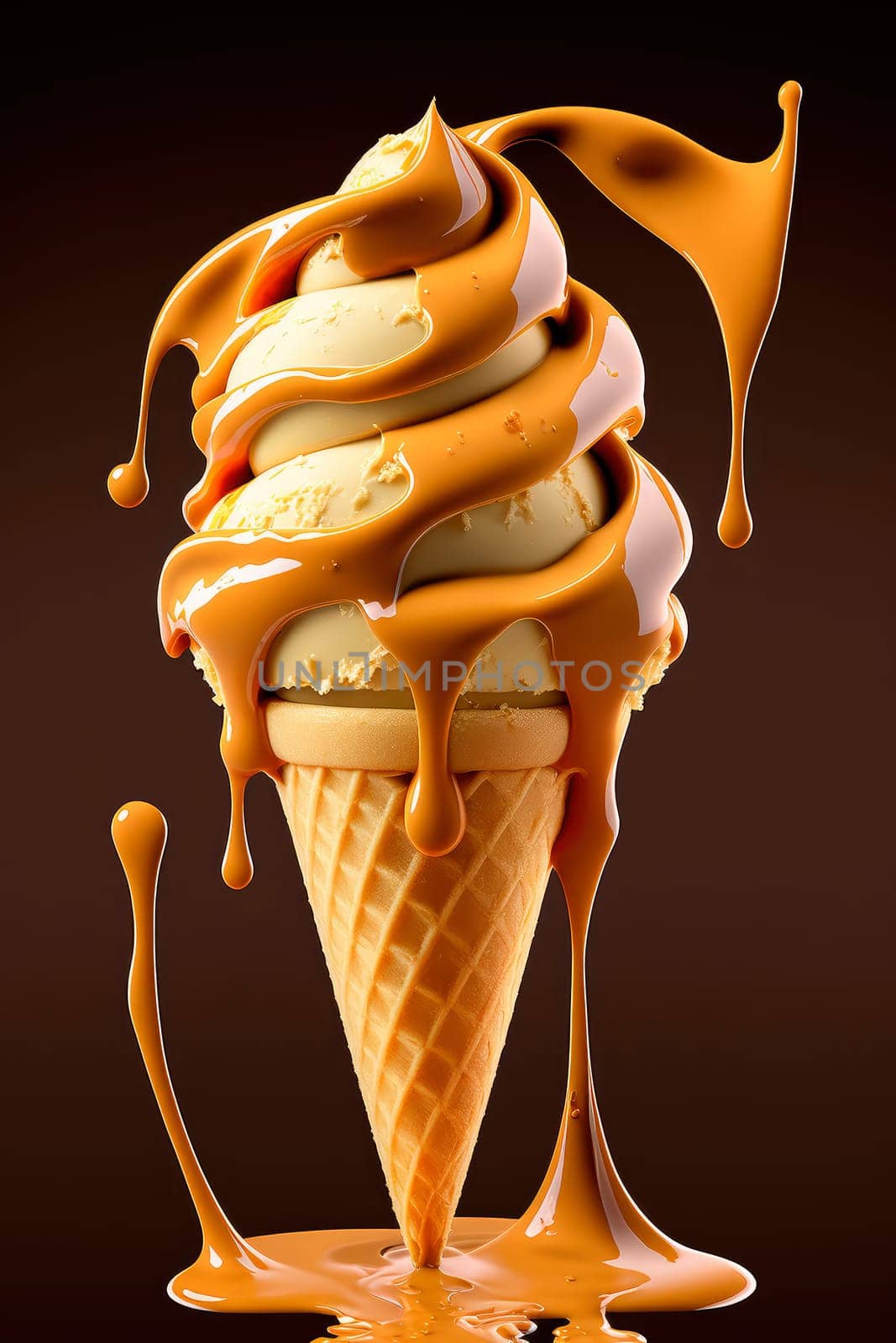 Ice cream cone with caramel. Generative AI,