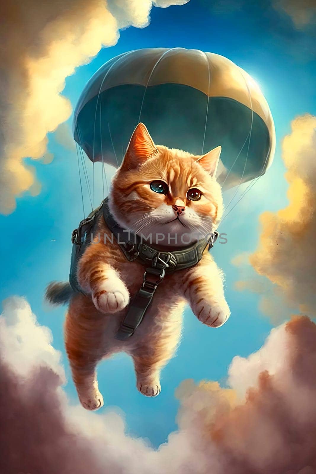 The cat is skydiving in the sky. Generative AI,