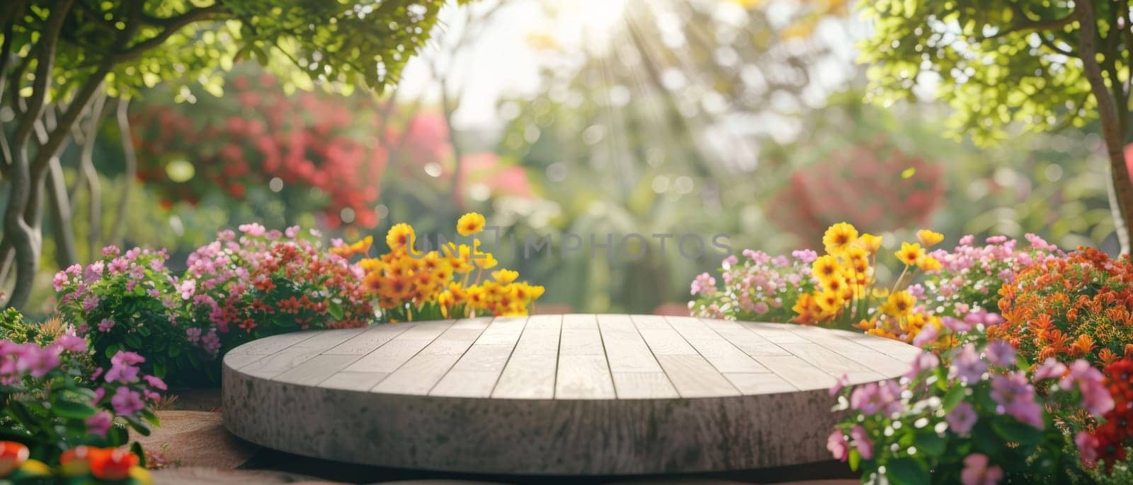 A tranquil garden setting with a wooden podium framed by an array of colorful blooms in soft sunlight. by sfinks