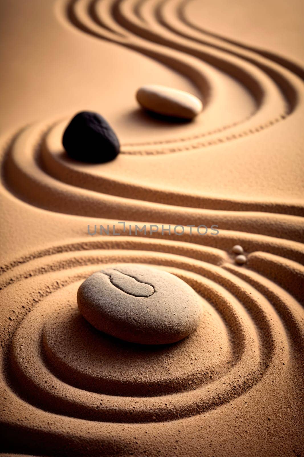 Zen Stones with lines on sand spa harmony concept. Generative AI,