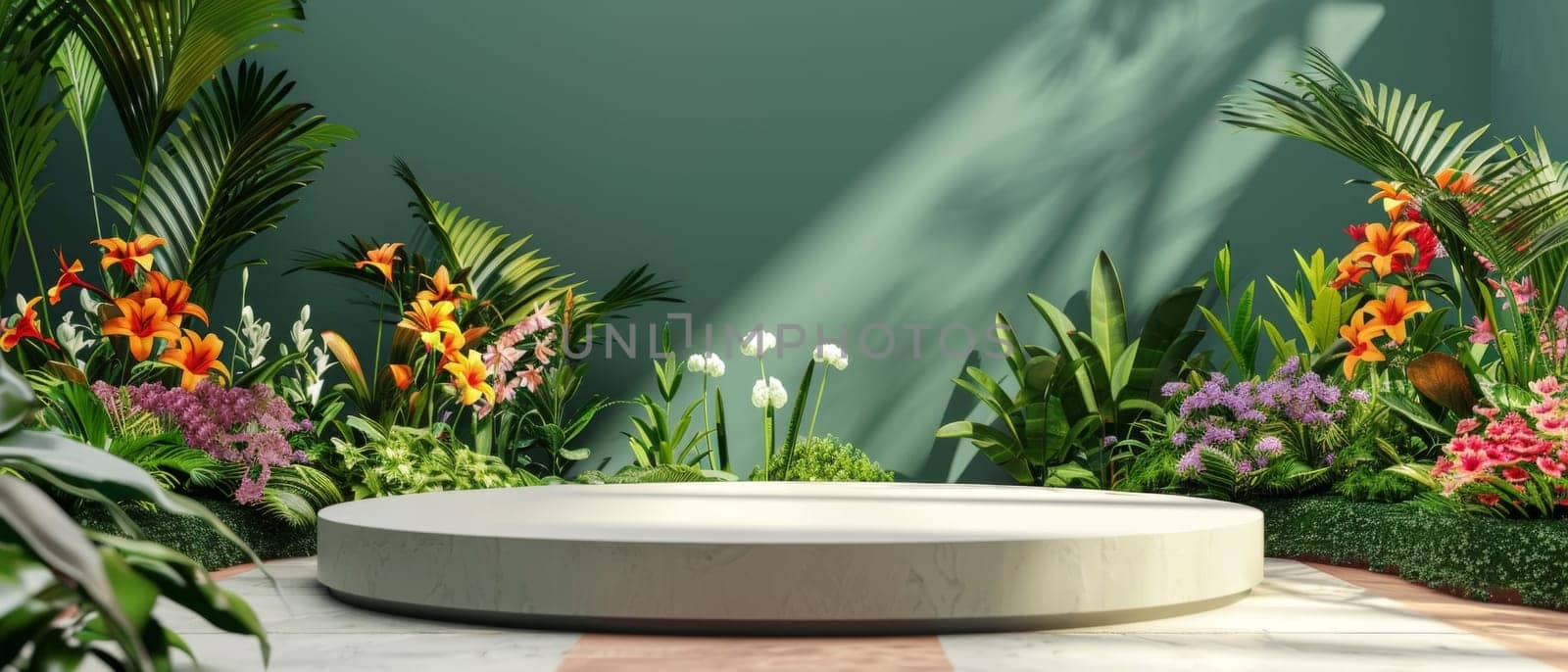 A pristine white podium set against a tropical floral backdrop, perfect for showcasing products. by sfinks