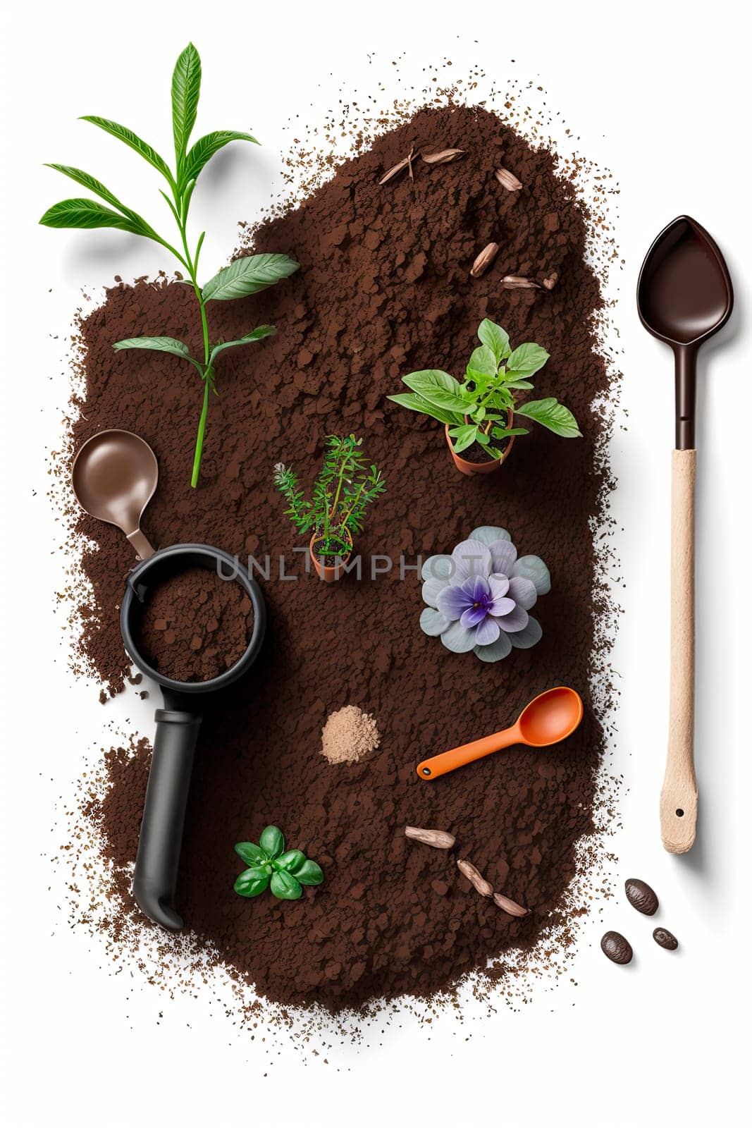 Soil on white background plants and flowers grow layout, garden accessories, watering can, shovel, rake. Generative AI,