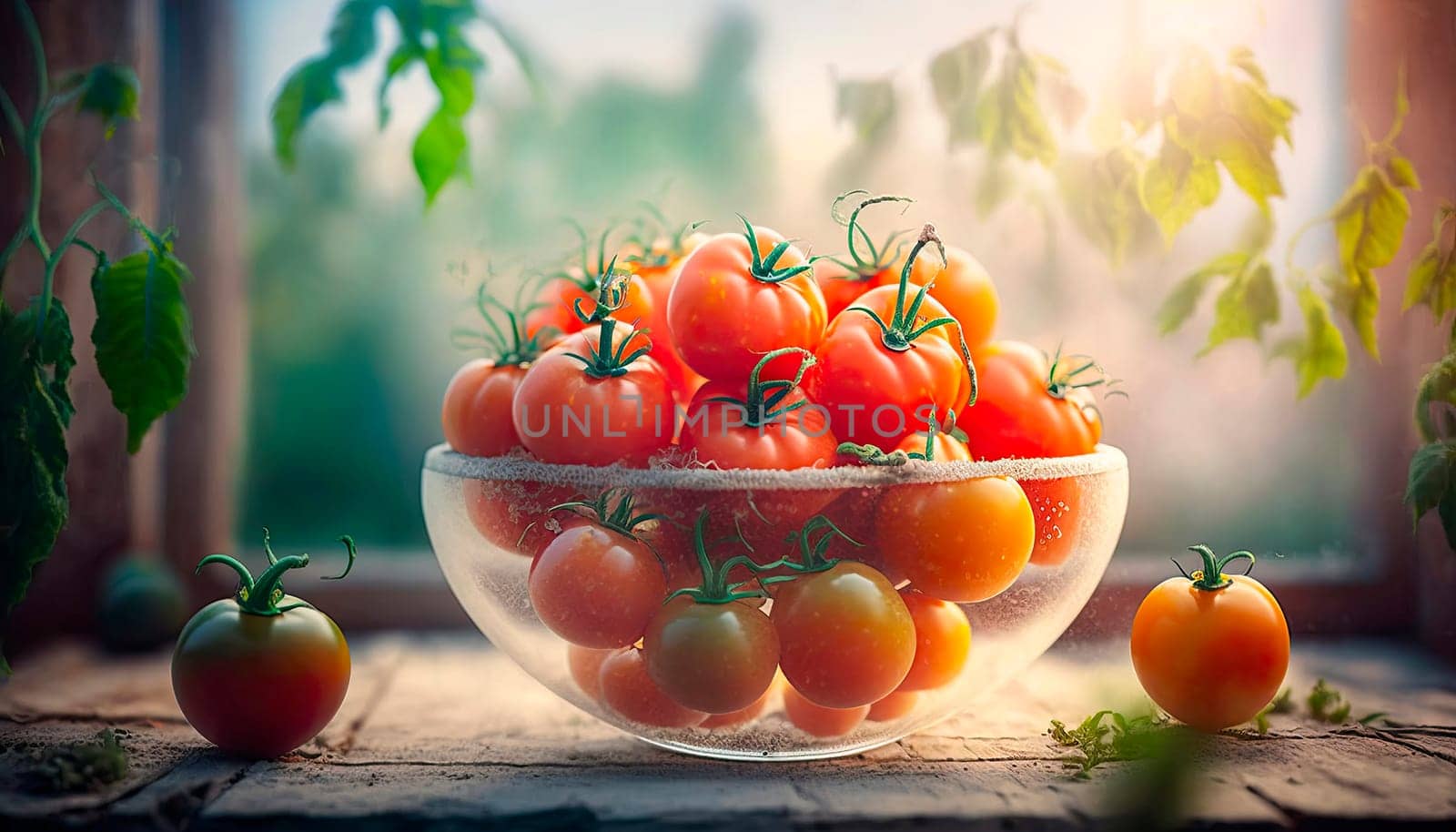 Home grown tomatoes in a plate in the garden. Generative AI,