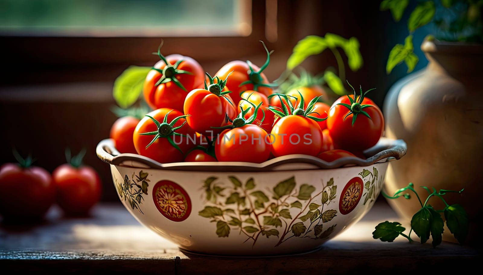 Home grown tomatoes in a plate in the garden. Generative AI,