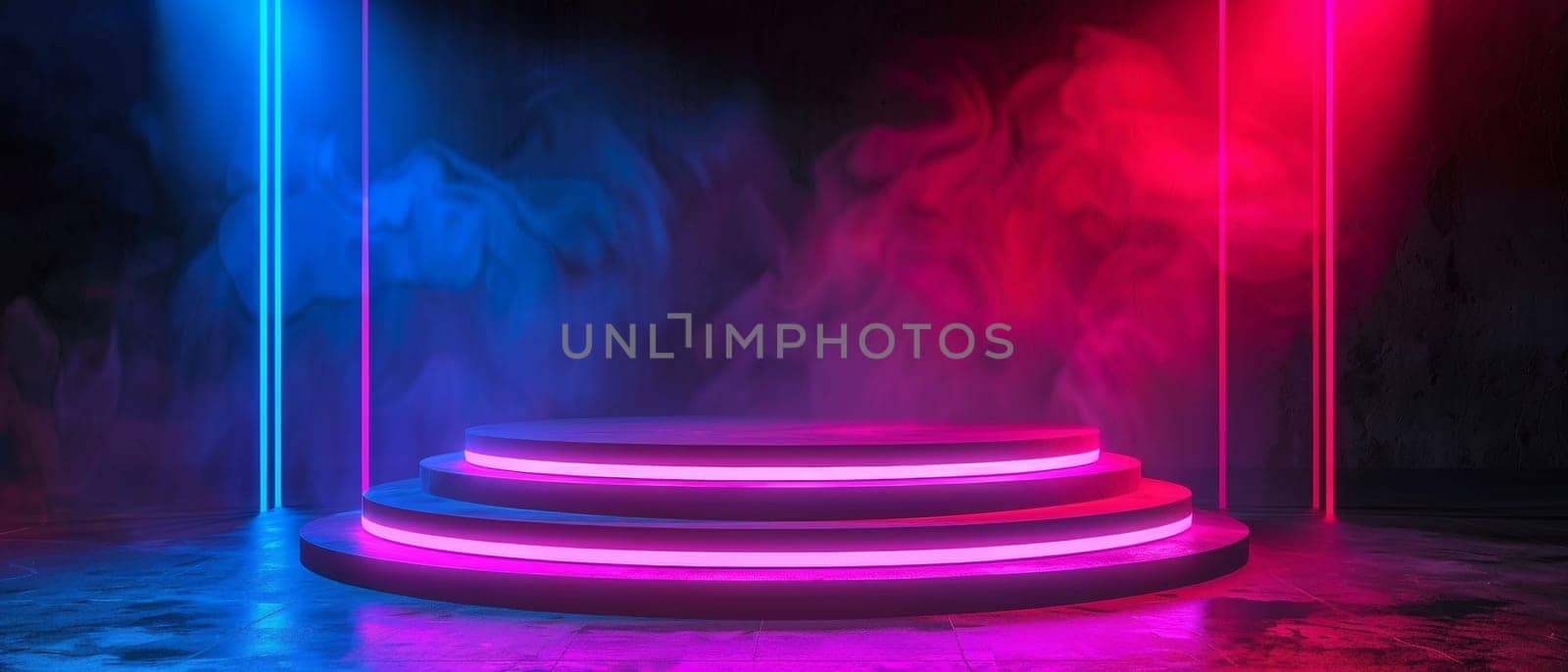 A radiant, circular podium with multi-colored LED lights, creating a mesmerizing and visually striking platform for product launches, presentations, or live performances. by sfinks