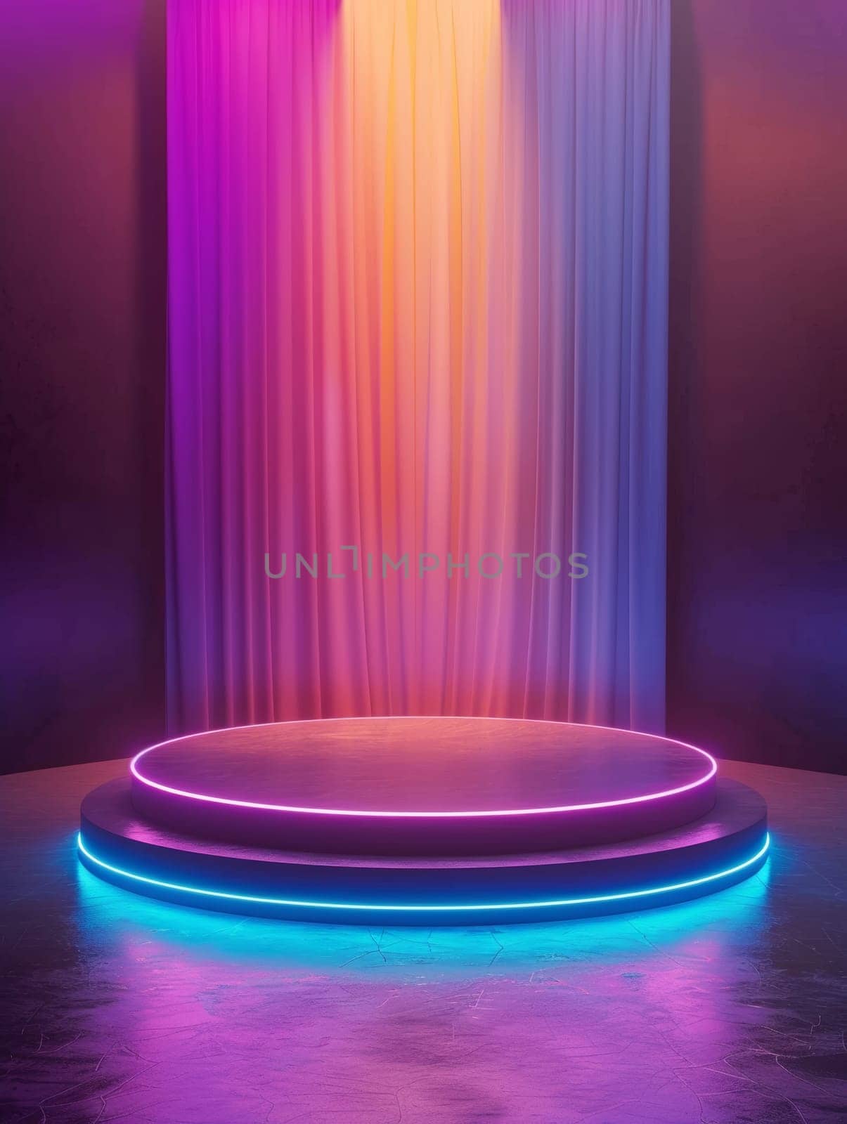 An illuminated circular dais, ringed with vibrant neon lighting, stands as a captivating platform for product display or presentation. by sfinks