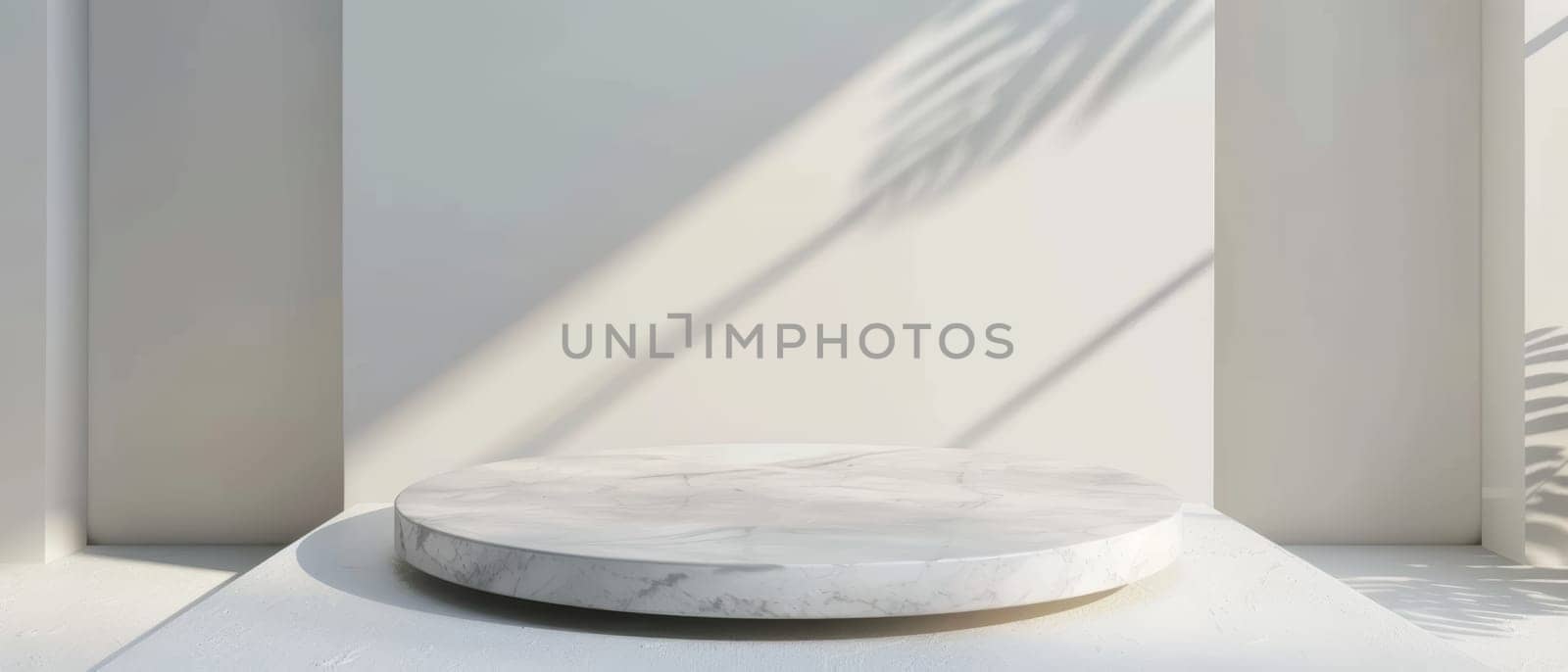A sleek, minimalist podium made of white marble stands in a bright, airy studio, providing an elegant platform to showcase a product with natural lighting and clean lines