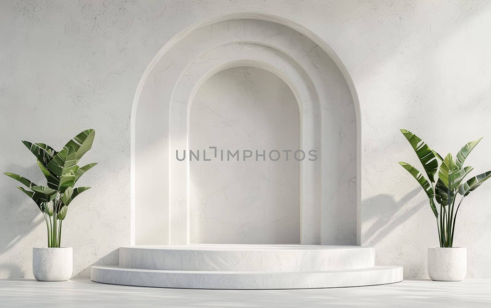 Elegant white marble stage with a classic arch backdrop, flanked by lush tropical plants in simple pots. by sfinks