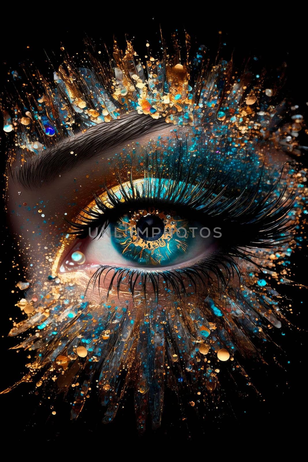 Eye on a black background and a lot of glitter makeup. by yanadjana