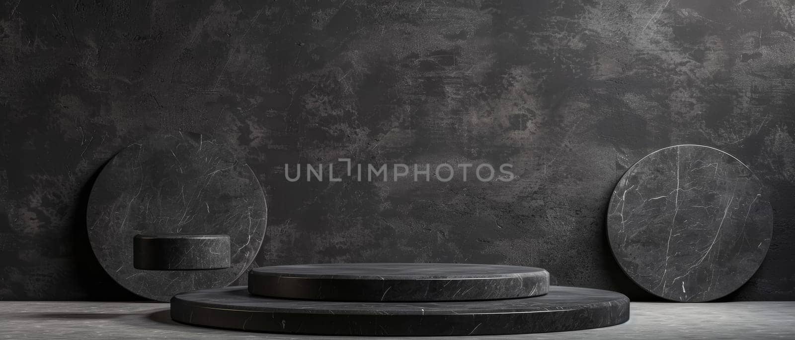 An impactful monochrome staging scene, with layered circular marble platforms and textured backdrop, creating a bold and stylish statement. by sfinks