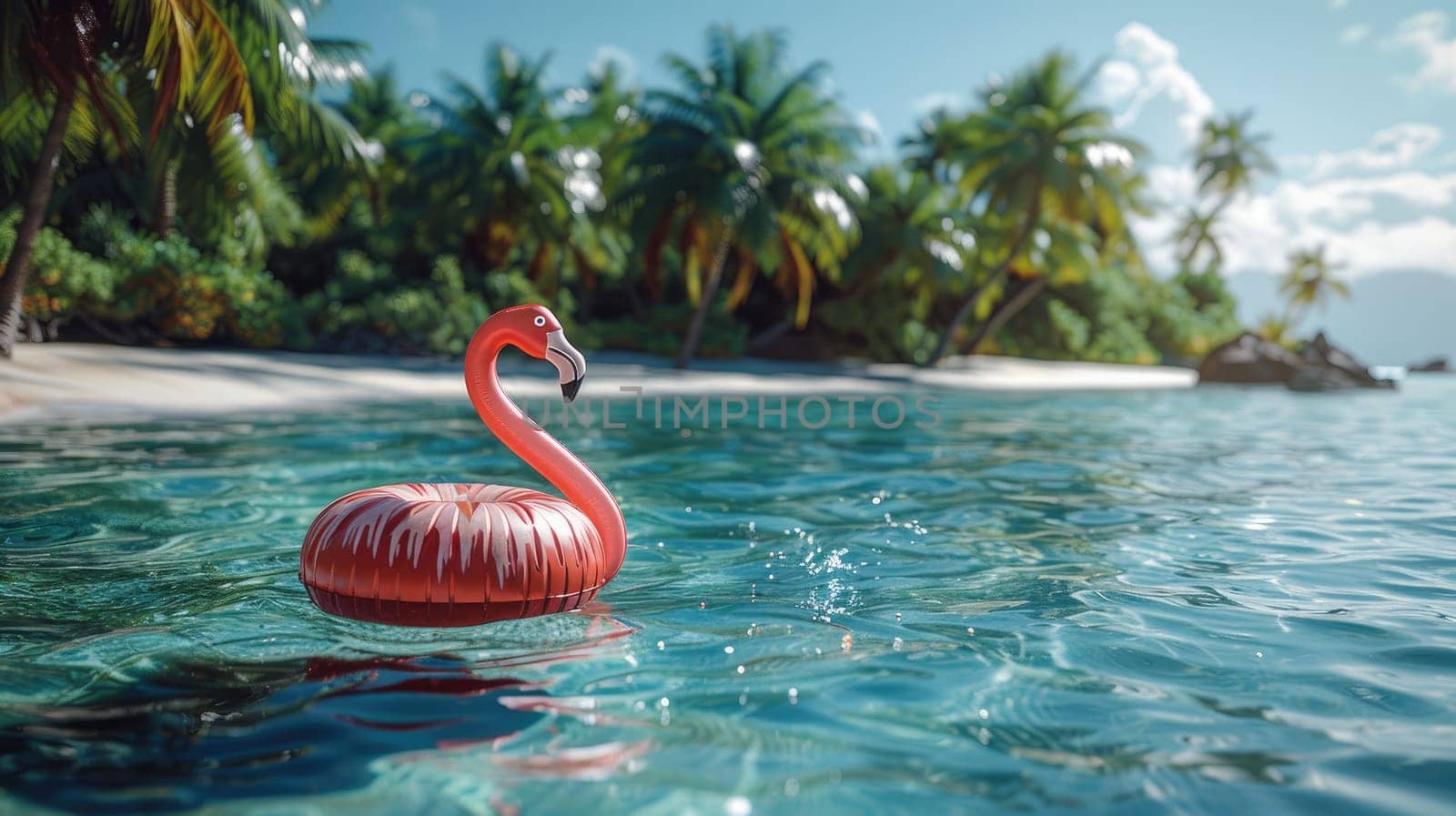 Pink inflatable swimming ring in the shape of flamingo floating in a tropical beach, Summer vacation by nijieimu