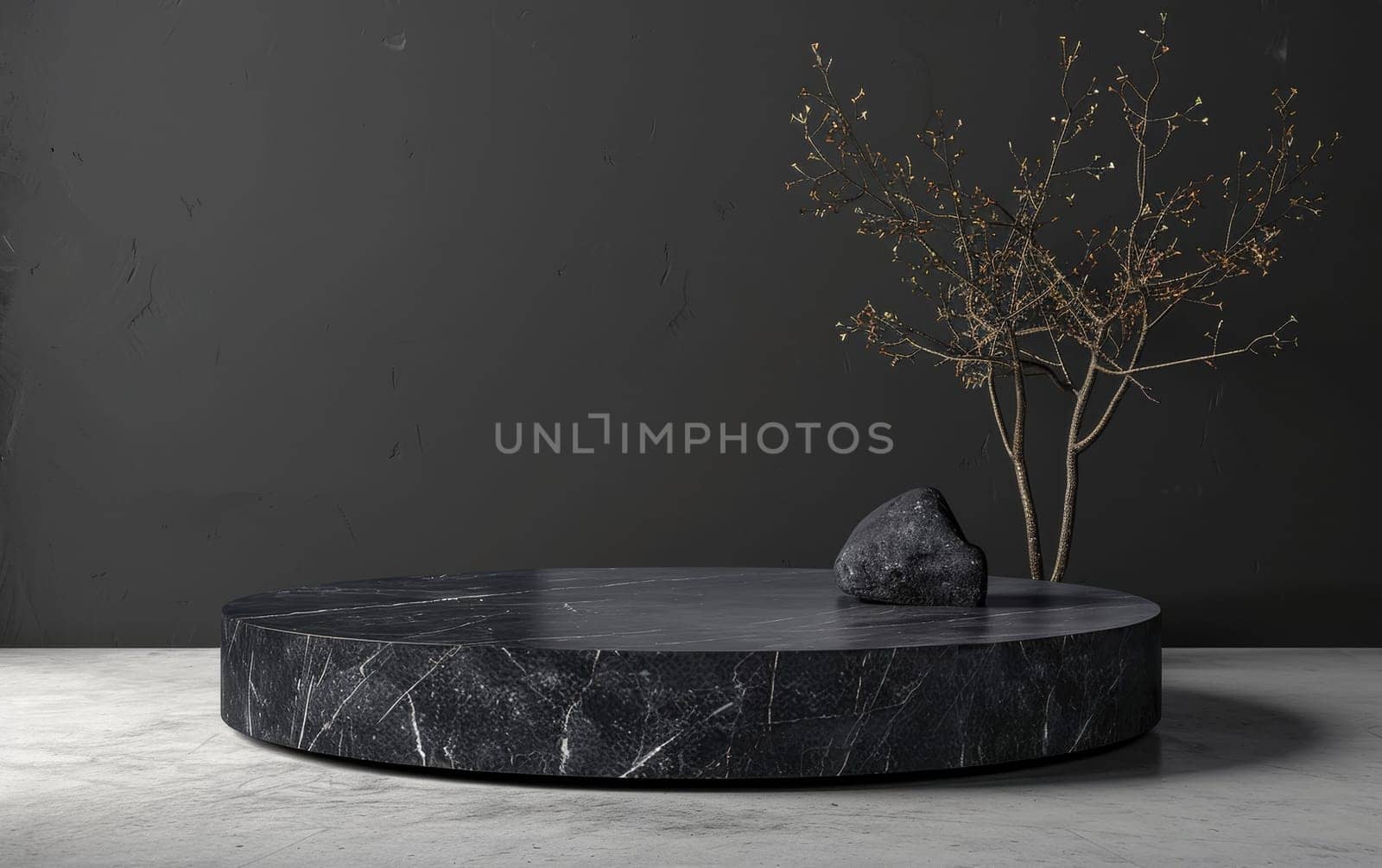 A stark black marble stage set against a matte backdrop with a bare tree and a smooth stone for an artistic presentation. by sfinks