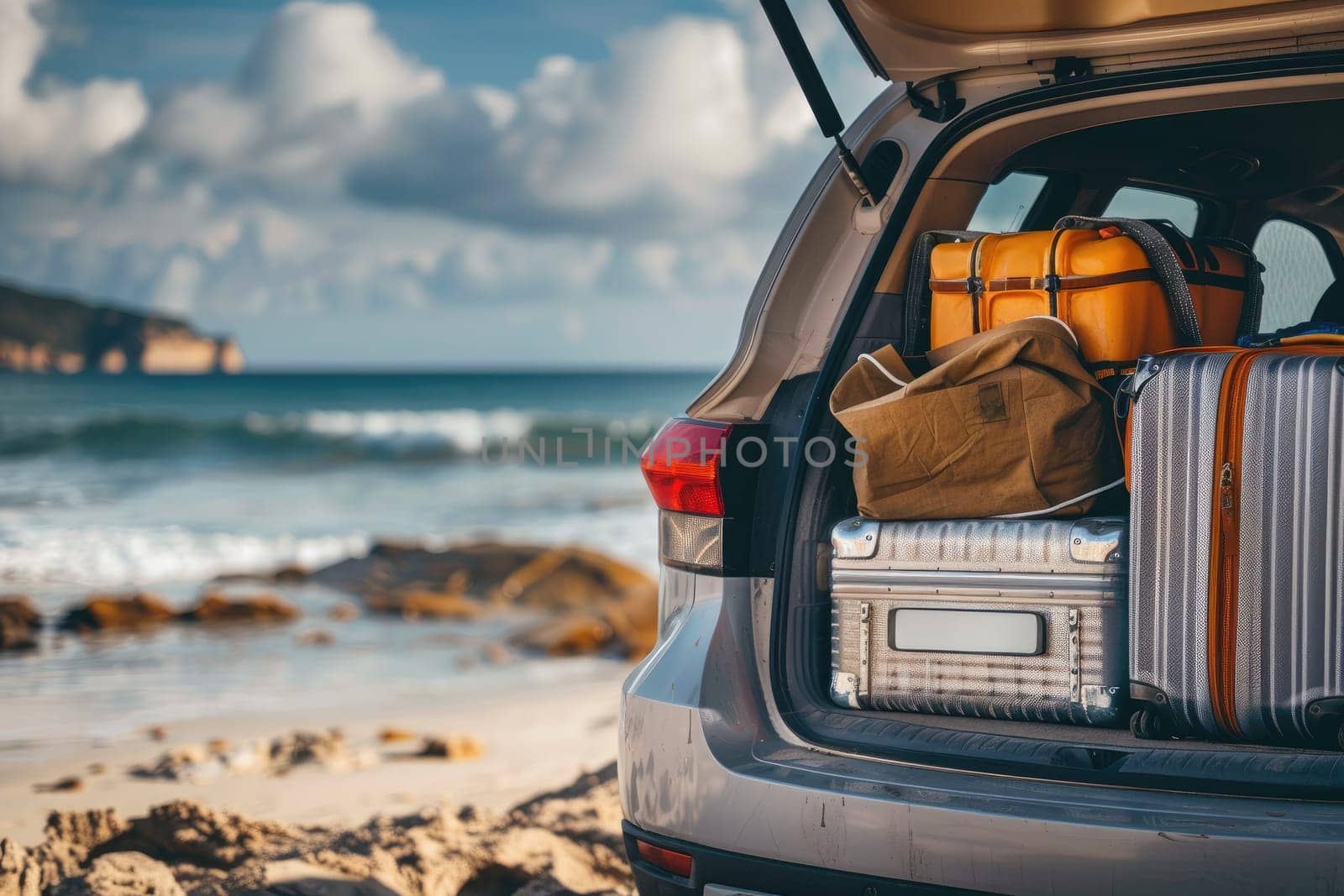 Suitcases and bags in trunk of car ready to depart for holidays at beach, Summer travel trip.