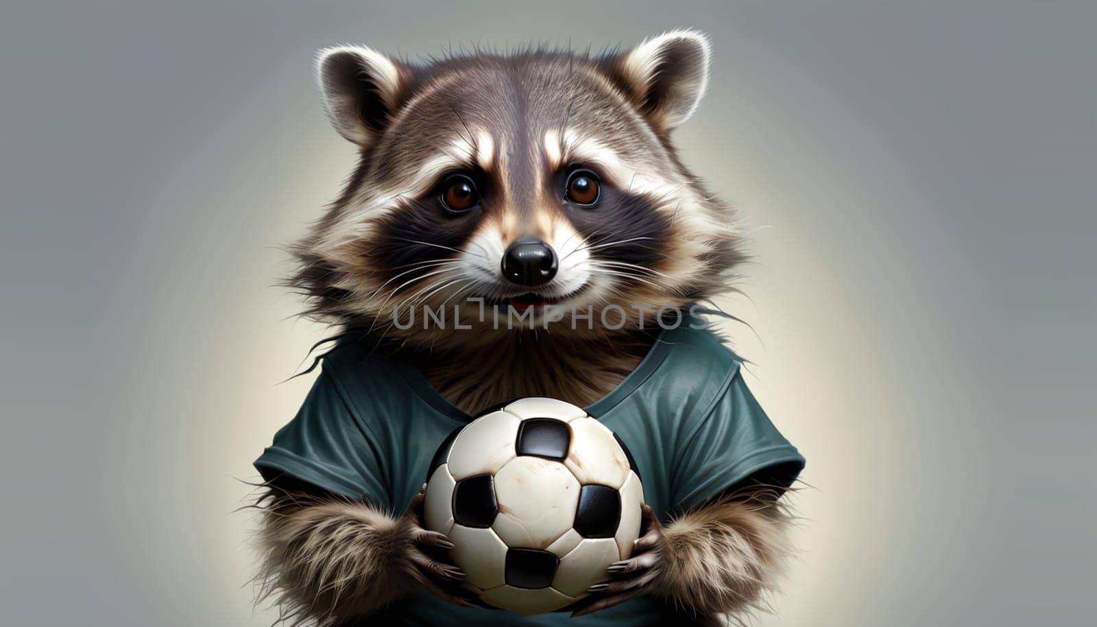 raccoon in a t-shirt with a soccer ball, isolated on a blue background .