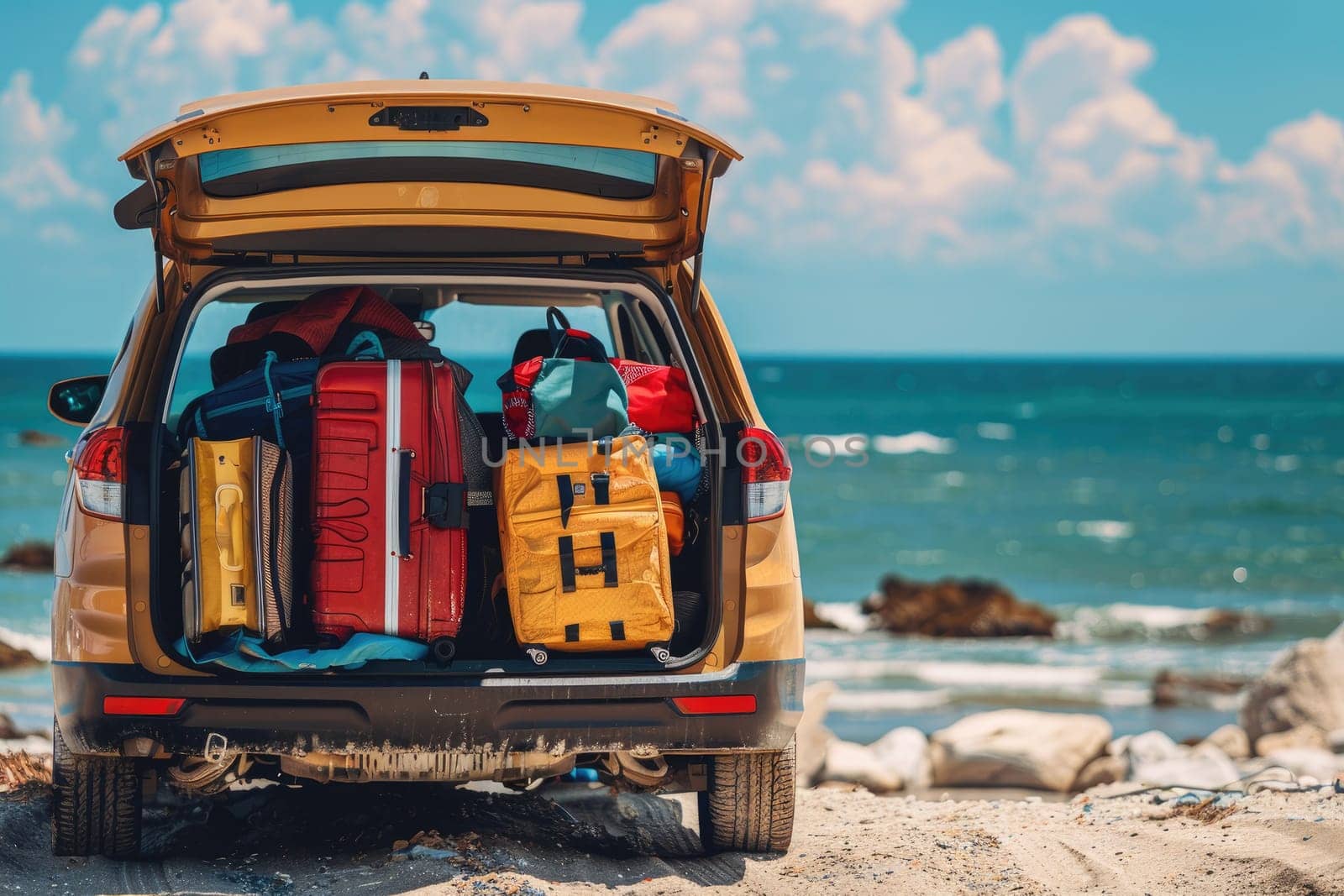 Suitcases and bags in trunk of car ready to depart for holidays at beach, Summer travel trip.