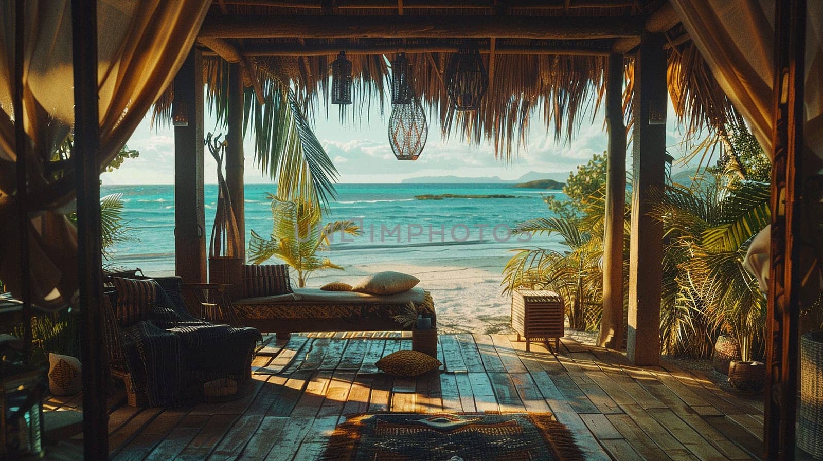 Beautiful beach interior scene of a luxury room by the sea. Recreation, chillout, nature. High quality photo