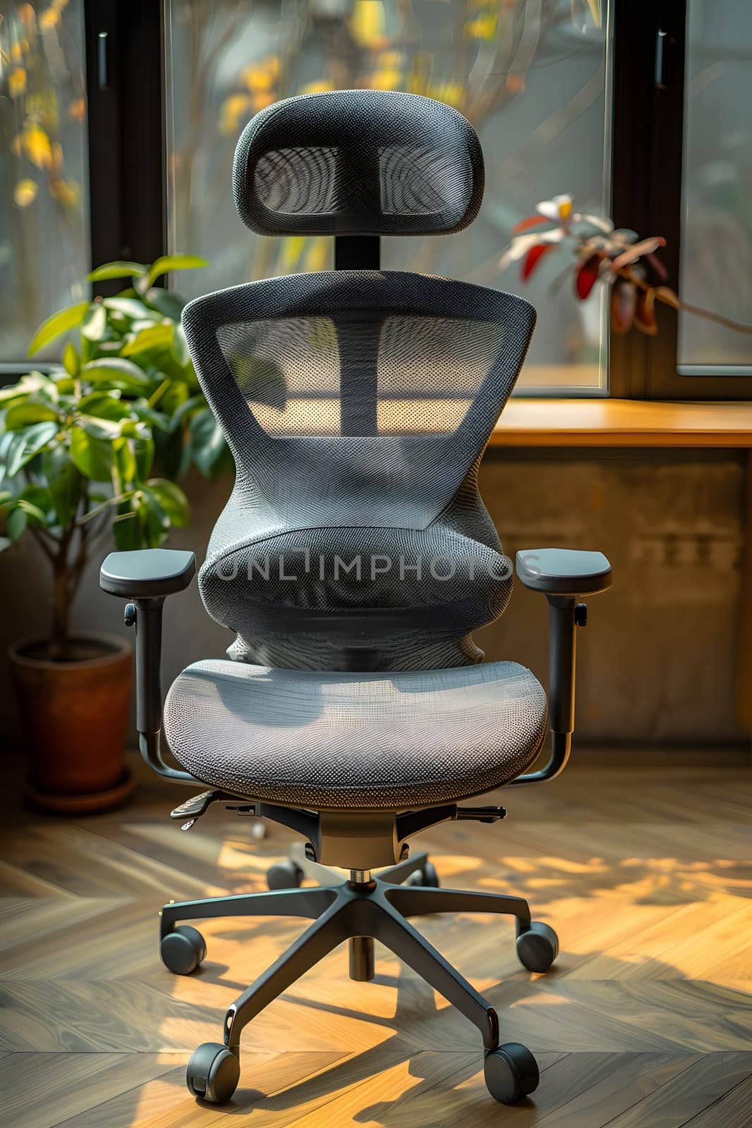 An office chair is placed in front of a window in a room, with a flowerpot containing a houseplant beside it. The chair is black, matching the tint of the window glass