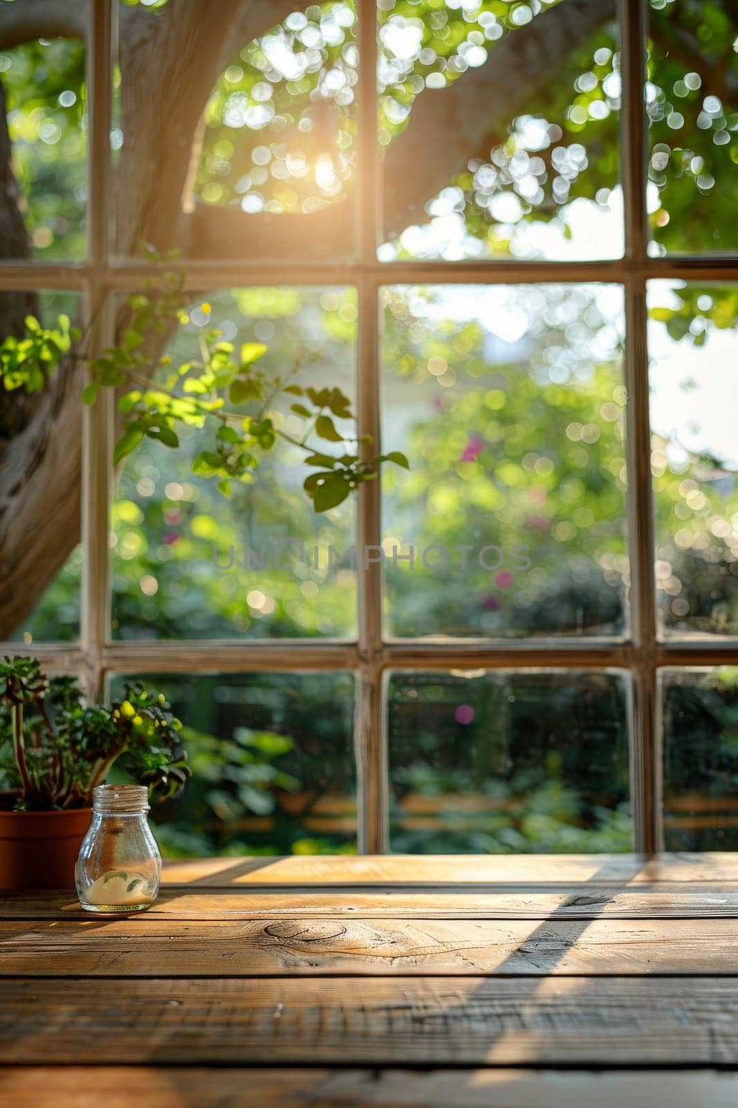 A window with a potted plant sitting on a wooden table. The sunlight is shining through the window, creating a warm and inviting atmosphere