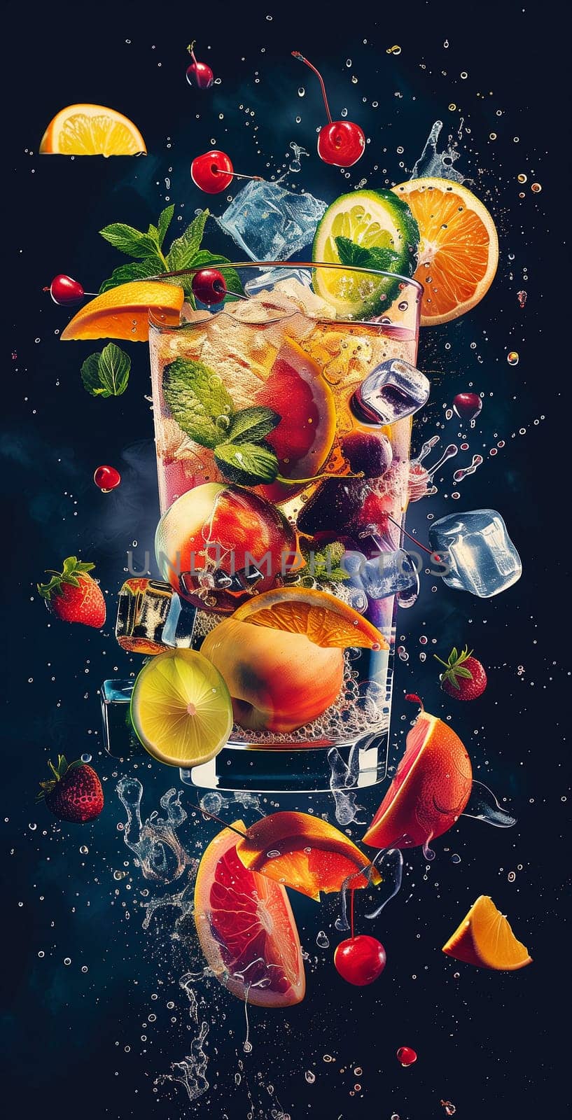 A summer cocktail at the bar. Professional photo of a fruity alcoholic cocktail. Menu cover. High quality illustration
