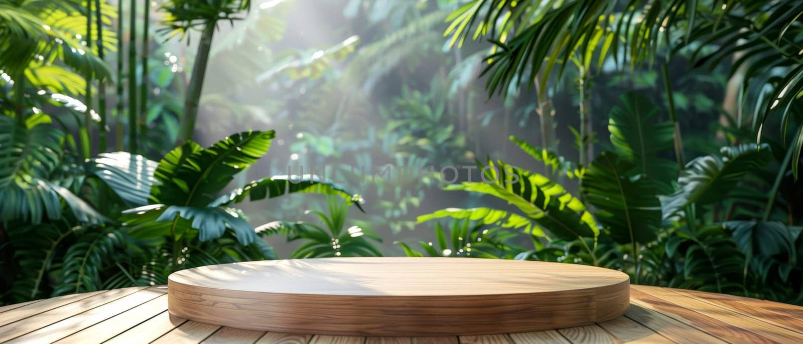 A wooden podium on a sunlit deck overlooks a tranquil beach, framed by the vibrant green of tropical foliage. by sfinks