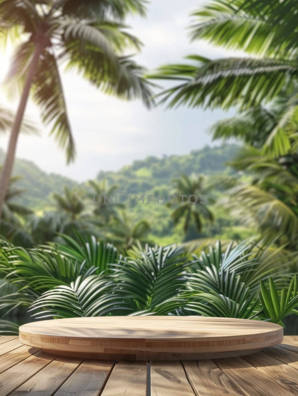 A circular wooden podium stands on a wooden deck, overlooking a breathtaking ocean view framed by towering palm trees, creating a serene and inviting setting